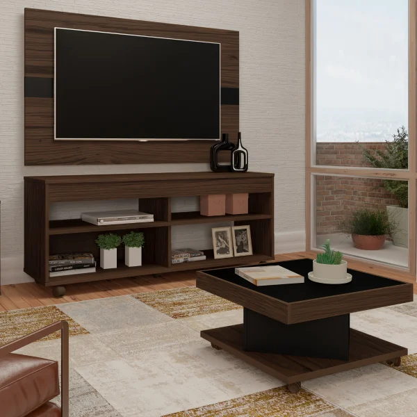 Rack com Painel Cross Para Tv 47" c/ Nichos e Prateleiras Amêndoa / Preto