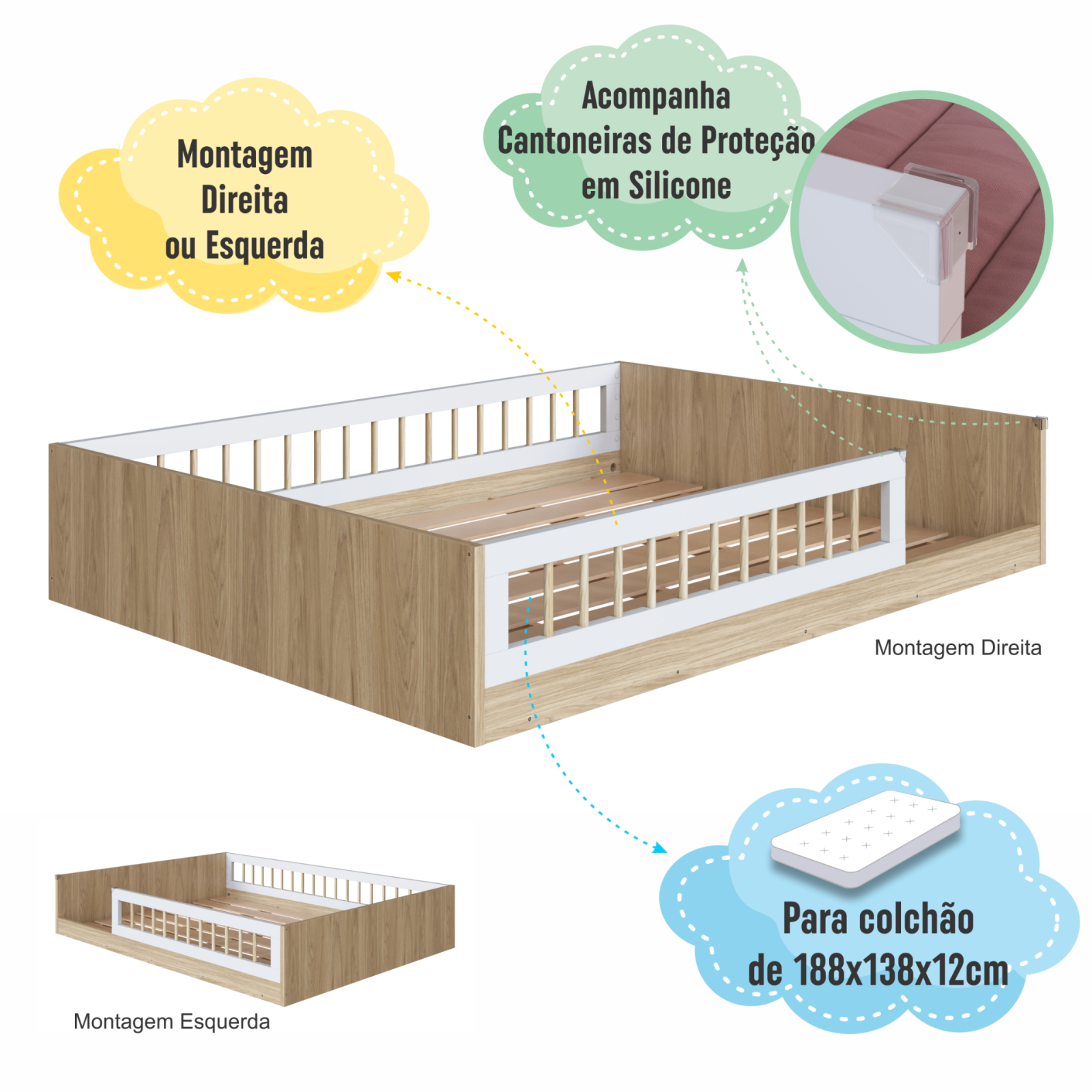 Cama infantil Montessoriana de Casal Linha Affetto cor Aveiro OAK com Branco