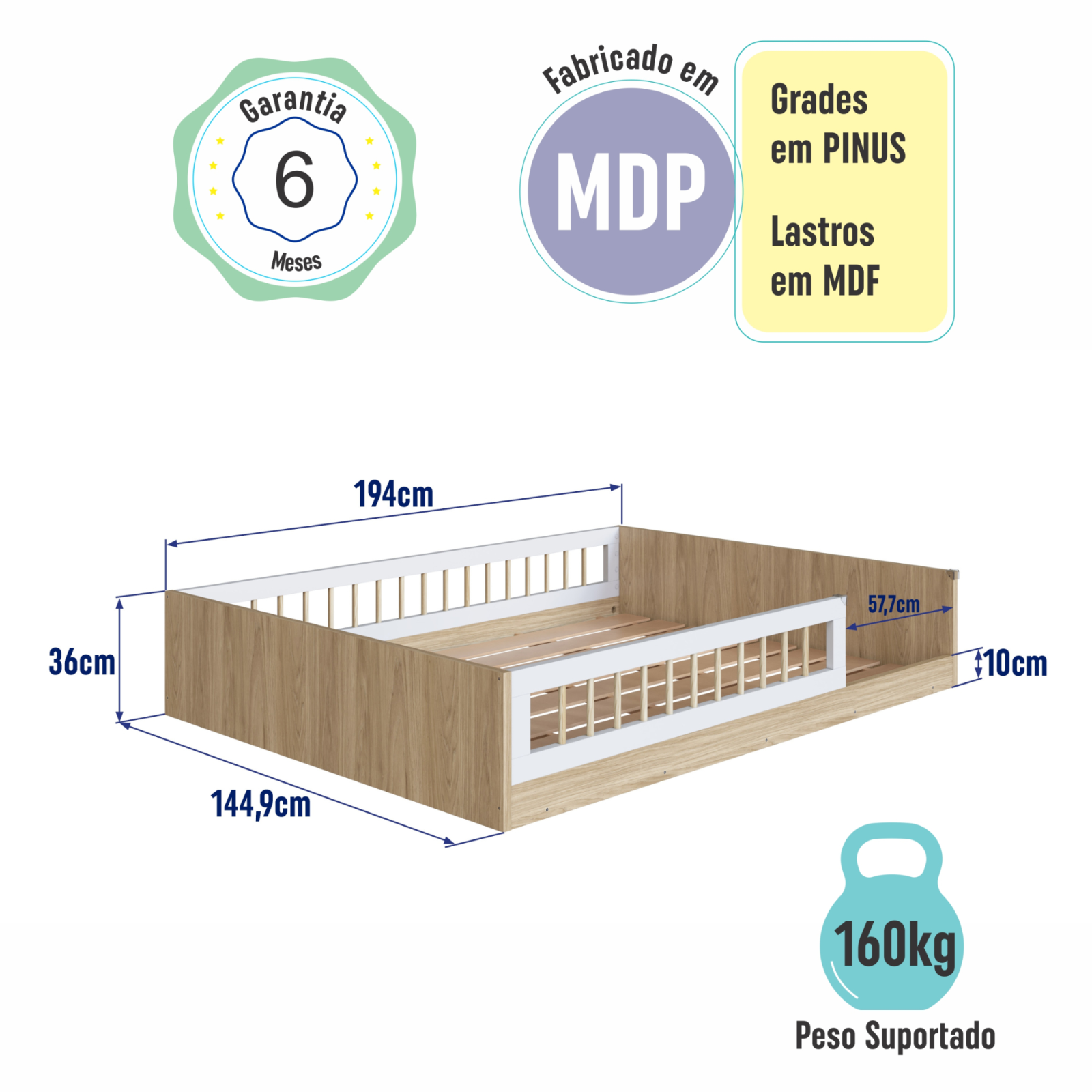 Cama infantil Montessoriana de Casal Linha Affetto cor Aveiro OAK com Branco